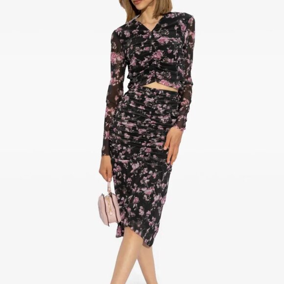 Ganni Black Floral Mesh Rushed Crop Blouse Sz 38 Medium - Picture 2 of 9